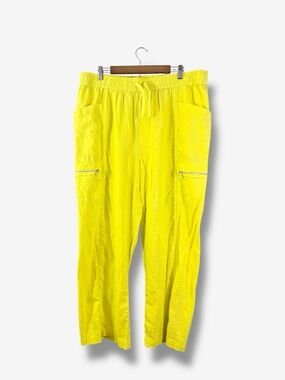 DKNY Yellow Wide Leg Linen Pants XL Drawstring Zip Pockets Neon Summer Spring